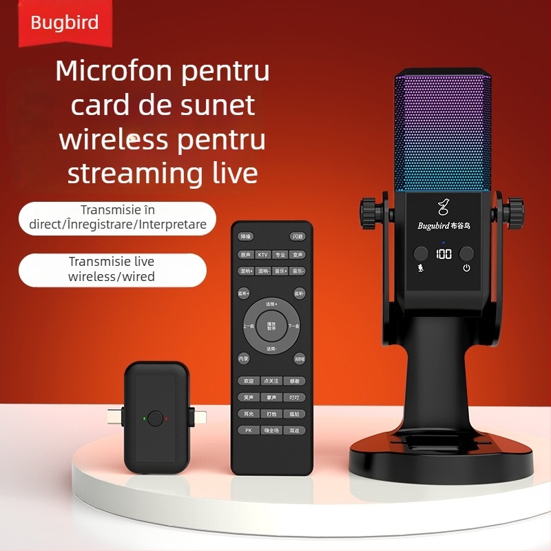 Microfon pentru emisie live cu set de card audio - wireless, 2.1 canale, 100 Hz–20 kHz, SNR ≥95 dB, baterie încorporată 1000–1200 mAh