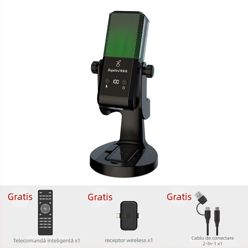 Microfon pentru emisie live cu set de card audio - wireless, 2.1 canale, 100 Hz–20 kHz, SNR ≥95 dB, baterie încorporată 1000–1200 mAh