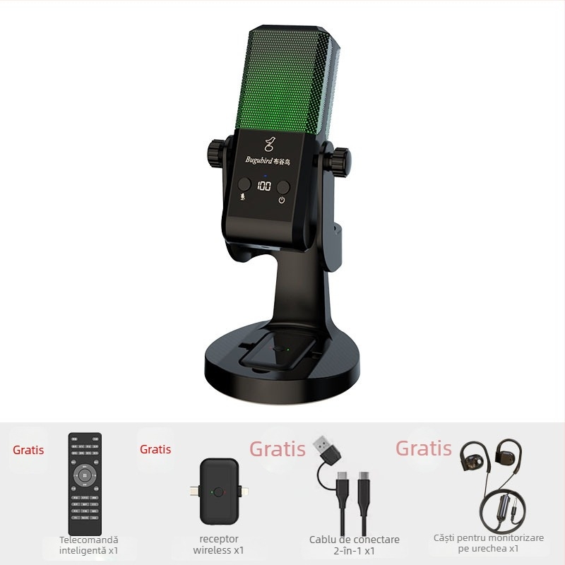 Microfon pentru emisie live cu set de card audio - wireless, 2.1 canale, 100 Hz–20 kHz, SNR ≥95 dB, baterie încorporată 1000–1200 mAh