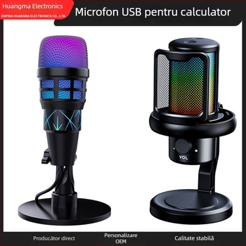 Microfon USB condensator pentru computer, reducere inteligentă a zgomotului, iluminare RGB de birou, pentru înregistrare, karaoke și gaming