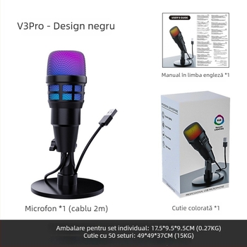 Microfon USB condensator pentru computer, reducere inteligentă a zgomotului, iluminare RGB de birou, pentru înregistrare, karaoke și gaming