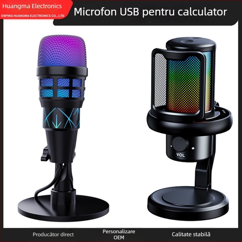 Microfon USB condensator pentru computer, reducere inteligentă a zgomotului, iluminare RGB de birou, pentru înregistrare, karaoke și gaming