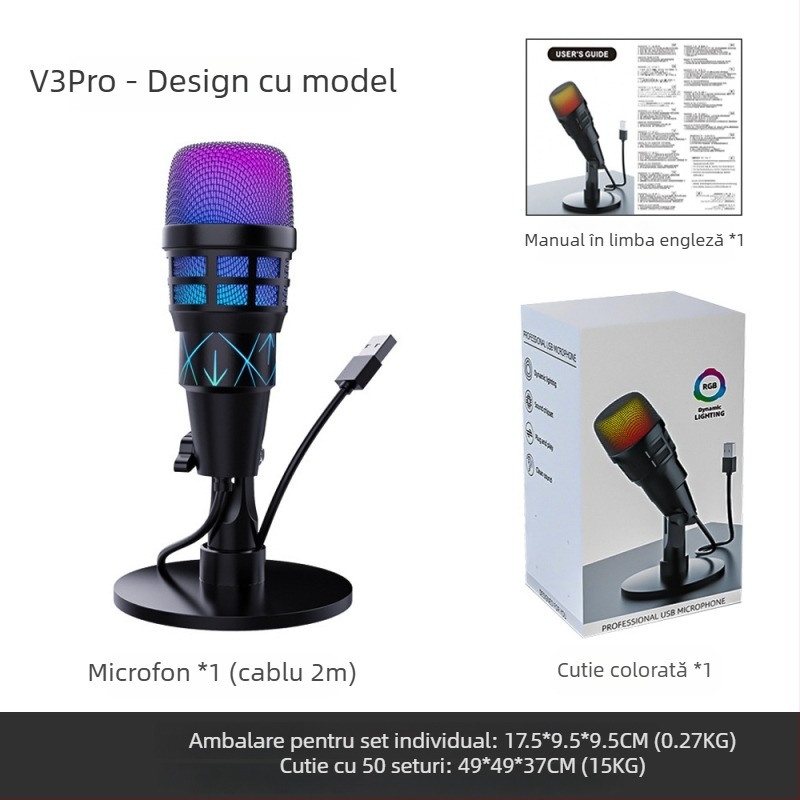 Microfon USB condensator pentru computer, reducere inteligentă a zgomotului, iluminare RGB de birou, pentru înregistrare, karaoke și gaming