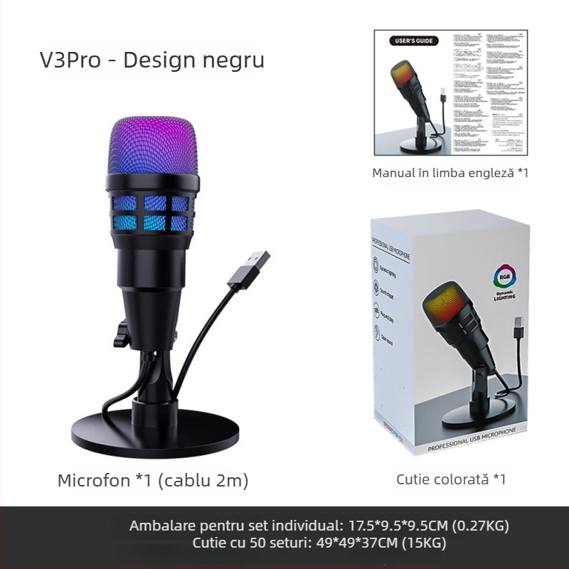 Microfon USB condensator pentru computer, reducere inteligentă a zgomotului, iluminare RGB de birou, pentru înregistrare, karaoke și gaming