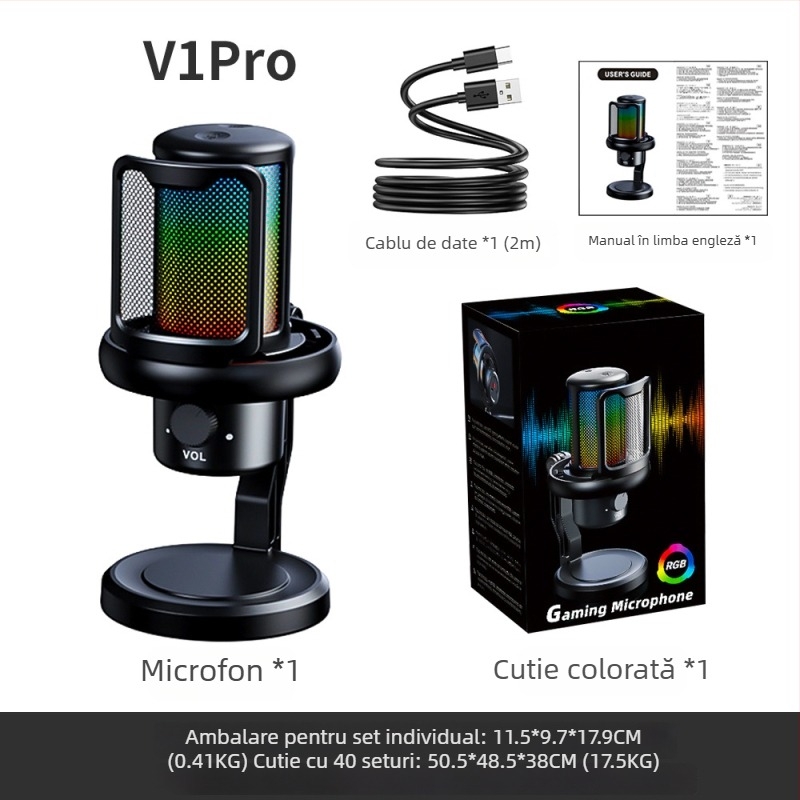 Microfon USB condensator pentru computer, reducere inteligentă a zgomotului, iluminare RGB de birou, pentru înregistrare, karaoke și gaming
