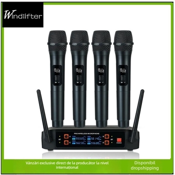 Sistem fără fir microfoane 1-la-4 pentru karaoke acasă și scenă, microfon dinamic, răspuns în frecvență 60Hz-15kHz, SNR ≥75dB, 110-220V, fără baterie încorporată