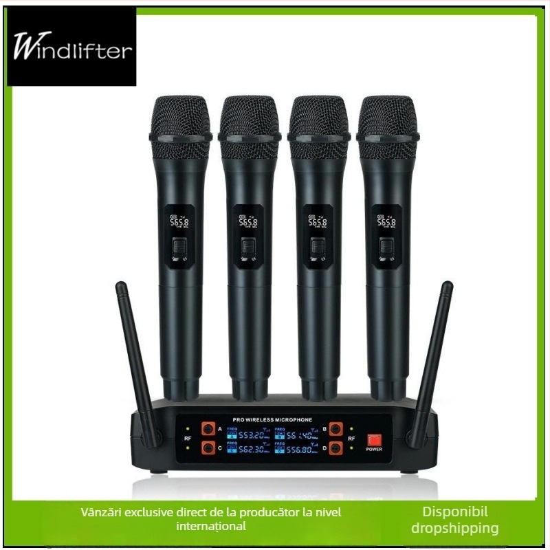 Sistem fără fir microfoane 1-la-4 pentru karaoke acasă și scenă, microfon dinamic, răspuns în frecvență 60Hz-15kHz, SNR ≥75dB, 110-220V, fără baterie încorporată