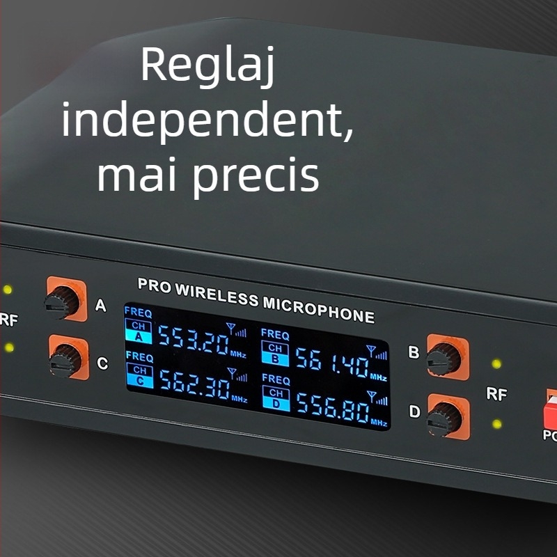 Sistem fără fir microfoane 1-la-4 pentru karaoke acasă și scenă, microfon dinamic, răspuns în frecvență 60Hz-15kHz, SNR ≥75dB, 110-220V, fără baterie încorporată