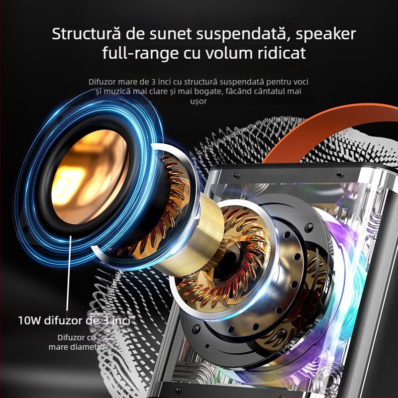 Boxă Bluetooth pentru karaoke cu microfon încorporat (Bluetooth 5.2; baterie încorporată 1000-1200 mAh; putere 10 W; răspuns în frecvență 100 Hz-20 kHz; SNR ≥70 dB)