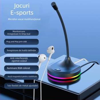 Microfon USB condensator pentru streaming live și înregistrări, 2 canale, 100 Hz–20 kHz, SNR ≥70 dB, utilizare pe desktop