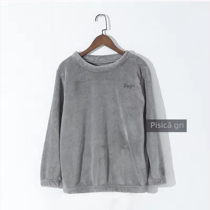 Set de pijama pentru femei, iarnă, din fleece coral, croială lejeră, top pulover cu guler rotund și mâneci lungi, pantaloni