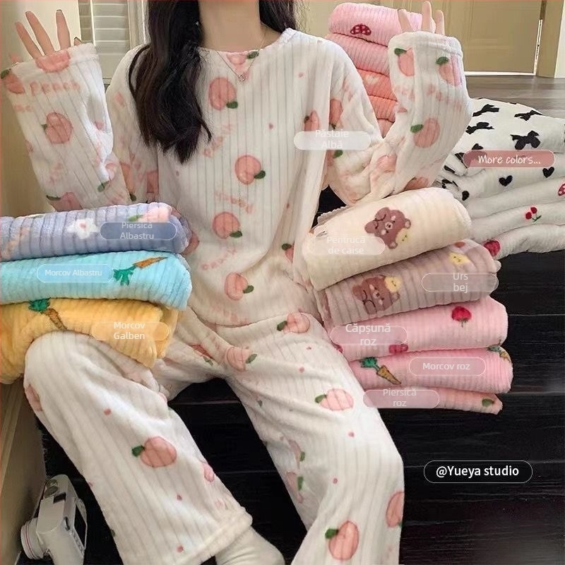 Set de pijama pentru femei, iarnă, din fleece coral, croială lejeră, top pulover cu guler rotund și mâneci lungi, pantaloni