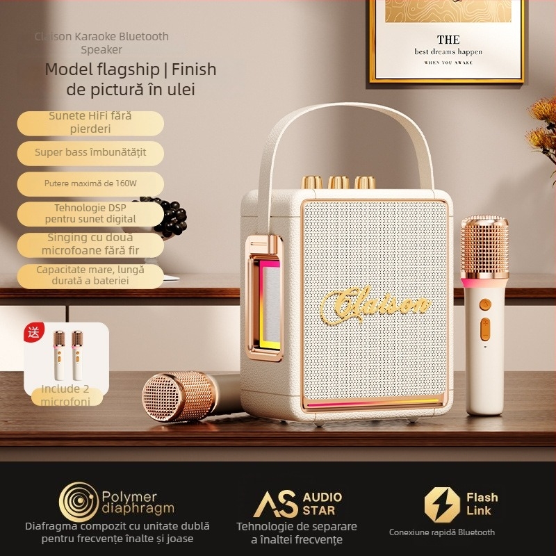 Boxă karaoke Bluetooth cu microfon, All-in-One, 40W, baterie încorporată 2000–4000mAh, Bluetooth 5.3, interval de frecvențe 40Hz–20kHz, IPX4, două boxe, Hi‑Fi sunet