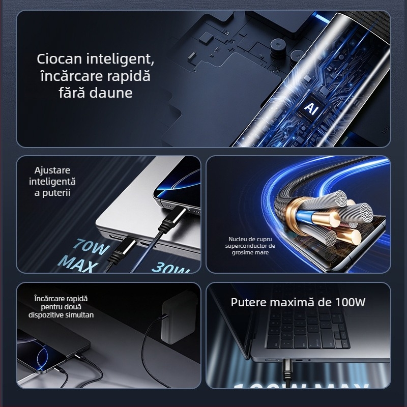 Cablu inteligent Type-C PD 100W pentru încărcare rapidă X7, cu încărcare duală și distribuție inteligentă a puterii, pentru telefoane Android, laptopuri, tablete și baterii externe