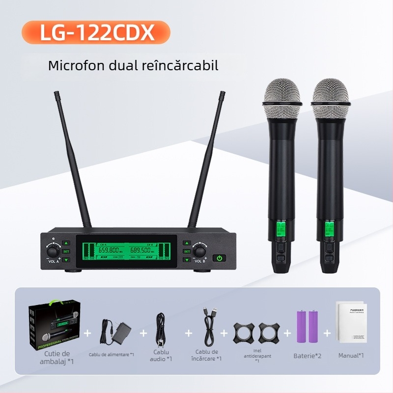 Microfon wireless pentru conferințe, corp metalic, sistem split cu două unități, bandă U, 40 Hz–20 kHz, baterie încorporată 1000–1200 mAh, autonomie 6–8 ore, SNR ≥95 dB