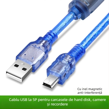  Cablu de date USB 2.0 mini, interfață în formă de T, cablu A/5P, pentru tablete, MP3 playere, hard disk-uri, camere și navigație auto