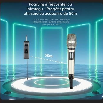 Microfon karaoke SKM9000 – răspuns în frecvență 100 Hz–20 kHz, UHF, putere 5 W, autonomie baterie 3–6 ore, utilizare manuală