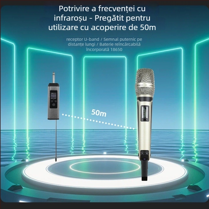 Microfon karaoke SKM9000 – răspuns în frecvență 100 Hz–20 kHz, UHF, putere 5 W, autonomie baterie 3–6 ore, utilizare manuală