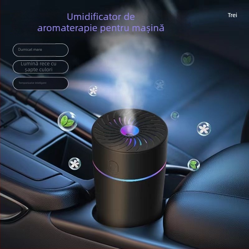 Umidificator de aer pentru mașină cu aromaterapie, atomizor mic și purificator, 3 prize pentru ceață, rezervor de apă >10 L, alimentare cu baterie uscată, tensiune ≤36V