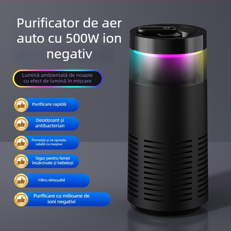 Purificator de aer pentru mașină cu filtru HEPA compozit și ioni negativi — Model K-3, alimentare USB, 2W, concentrația ionilor negativ 500, potrivit pentru până la 10 m²