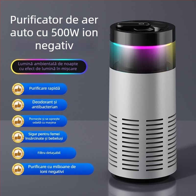 Purificator de aer pentru mașină cu filtru HEPA compozit și ioni negativi — Model K-3, alimentare USB, 2W, concentrația ionilor negativ 500, potrivit pentru până la 10 m²