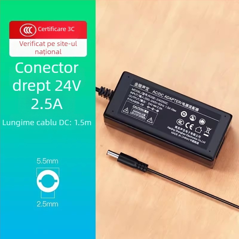 Adaptor de alimentare 24V 2.5A pentru benzi LED, roboți inteligenți, drone și imprimante — intrare 200-240V, ieșire 24V, model ROSE-240250C, certificat 3C, OEM disponibil