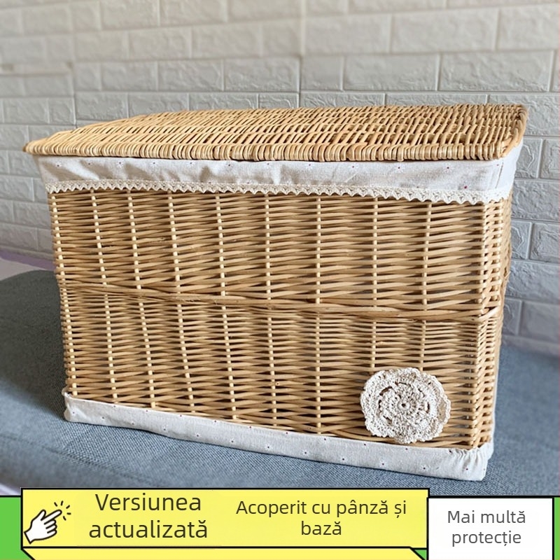 Coș de depozitare din răchită cu capac, capacitate mare 50 L, de purtat în mână, nepliabil