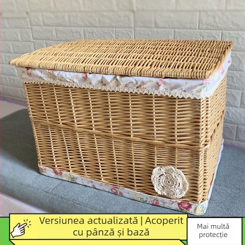 Coș de depozitare din răchită cu capac, capacitate mare 50 L, de purtat în mână, nepliabil