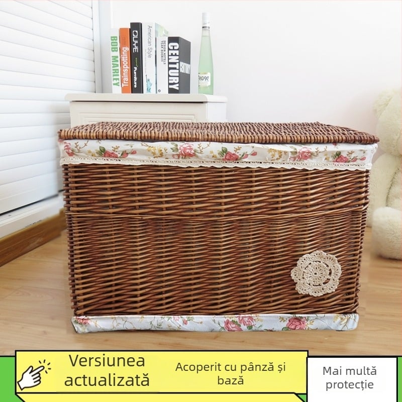 Coș de depozitare din răchită cu capac, capacitate mare 50 L, de purtat în mână, nepliabil