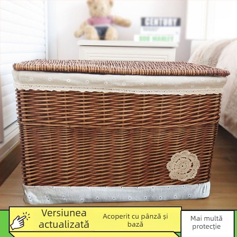 Coș de depozitare din răchită cu capac, capacitate mare 50 L, de purtat în mână, nepliabil
