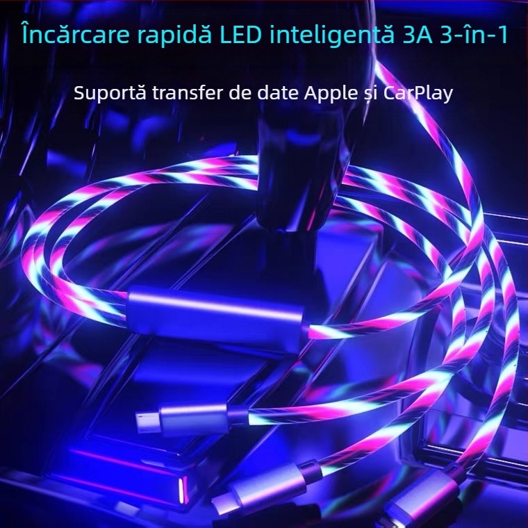 Cablu de date LED 3 în 1 pentru mașină, încărcare rapidă (Lightning, Micro USB, Type-C; cablu 3-în-1; 3A max.; aliaj de aluminiu + TPU/PVC; streamer inteligent oprit automat la încărcare completă)