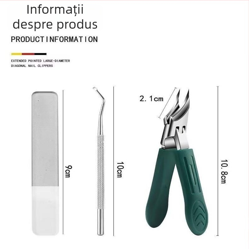 Set de unghii 3 piese, Clește pentru unghii cu vârf ascuțit înclinat, fișier pentru unghii, linguriță pentru urechi; oțel inoxidabil, design anti-splash