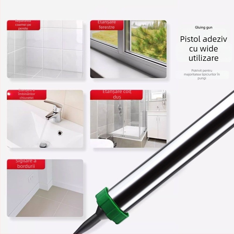 Pistol de lipit universal, cu dublă funcție, mecanism rotativ și oprire automată a lipei, corp din oțel inoxidabil, pentru lipiri de sticlă și adezivi structurali