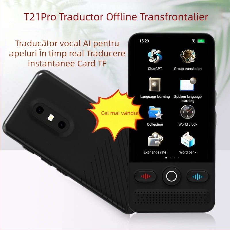 Traducător vocal AI cu traducere simultană multilingvă și traducere offline a fotografiilor — dispozitiv compact, cameră 5 MP, Type-C, 5V 2A, 125 g, ABS