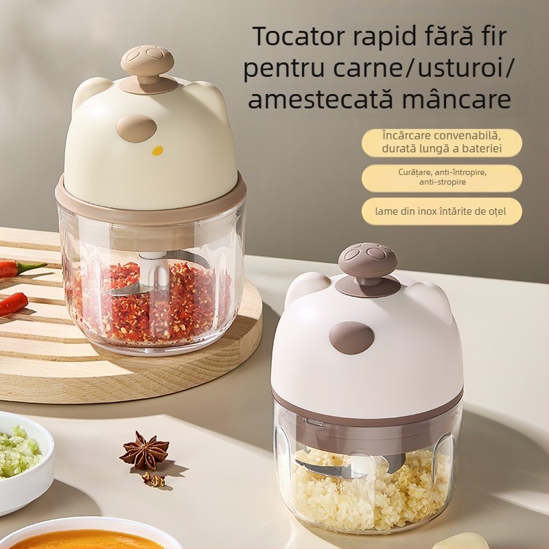 Presă electrică de usturoi și tocat usturoi – aparat de bucătărie multifuncțional, 220W, 3.7-4.2V, materiale PP/ABS/Silicon/Sticlă/Oțel inoxidabil