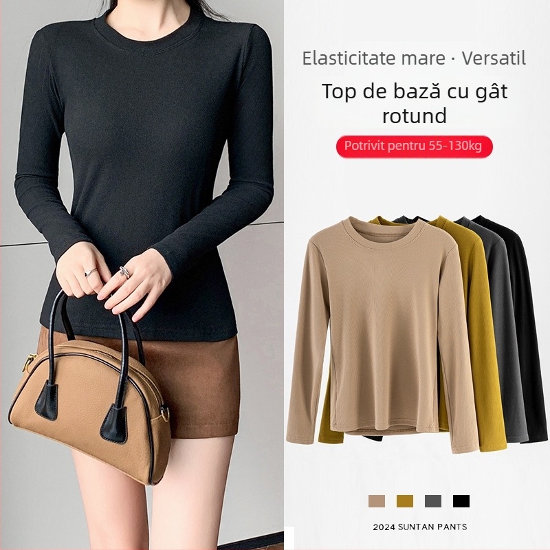 Top din modal pentru femei, mâneci lungi, croială slim, guler rotund, 70-80% fibră modală, Primăvara 2025