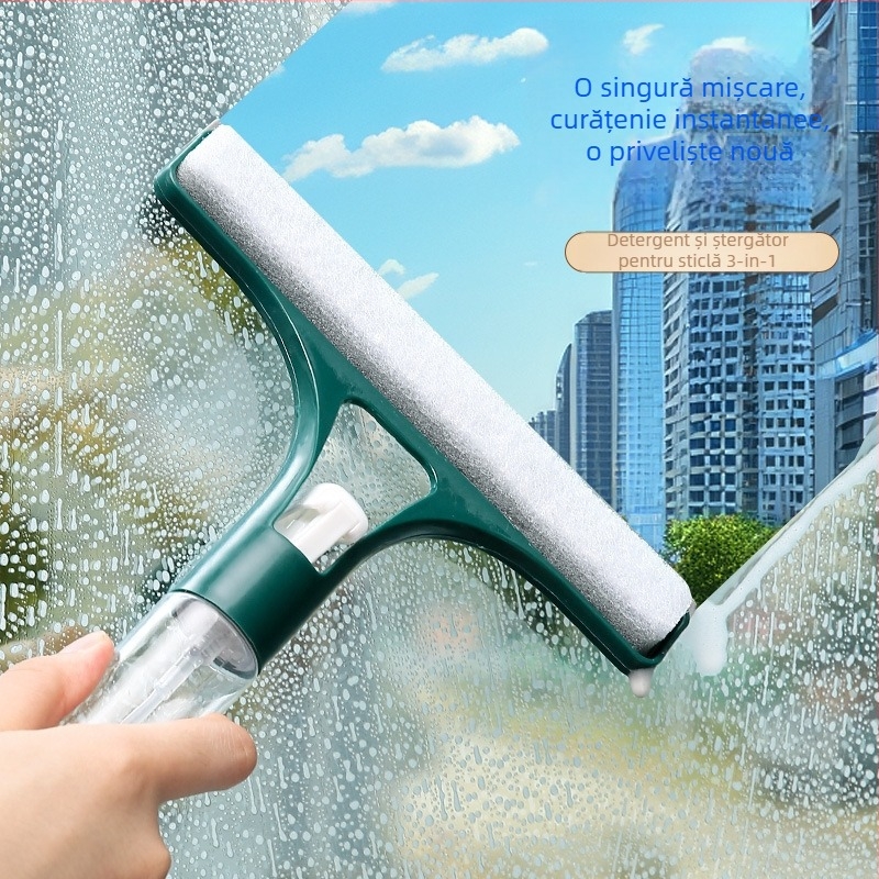 Curățător de sticlă cu două fețe și recipient de spray — oțel inoxidabil, manual, uz casnic