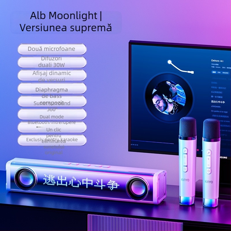 Sistem de boxe Bluetooth pentru karaoke K100, cu două difuzoare, Bluetooth 5.3, 30W, baterie încorporată 4000–6000 mAh, interval de frecvență 100 Hz–20 kHz, SNR ≥75 dB