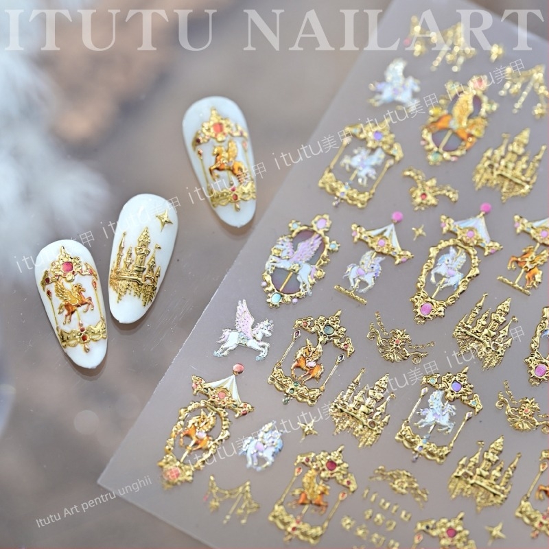 Itutu Noi Autocolante Aurii cu Unicorn în Relie, Aripi de Pegaz și Tema Anului Calului, Modele Mici pentru Vârful Degetelor 490