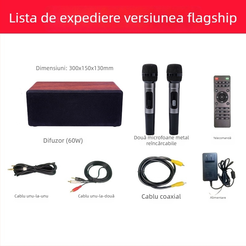 N-S10mini Sistem audio karaoke Home All-in-One cu microfoane duale, Bluetooth 5.0, 60W, 60Hz-15kHz, SNR ≥70dB, alimentare AC