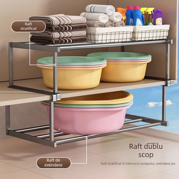 Raft de depozitare sub chiuvetă pentru baie, organizator stratificat, montaj fără găuri, Space aluminiu, stil modern
