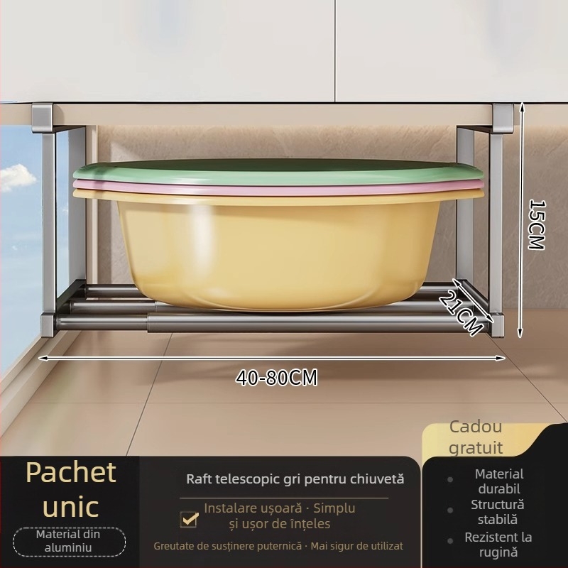 Raft de depozitare sub chiuvetă pentru baie, organizator stratificat, montaj fără găuri, Space aluminiu, stil modern