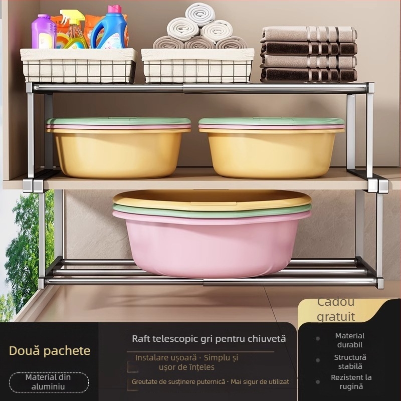 Raft de depozitare sub chiuvetă pentru baie, organizator stratificat, montaj fără găuri, Space aluminiu, stil modern
