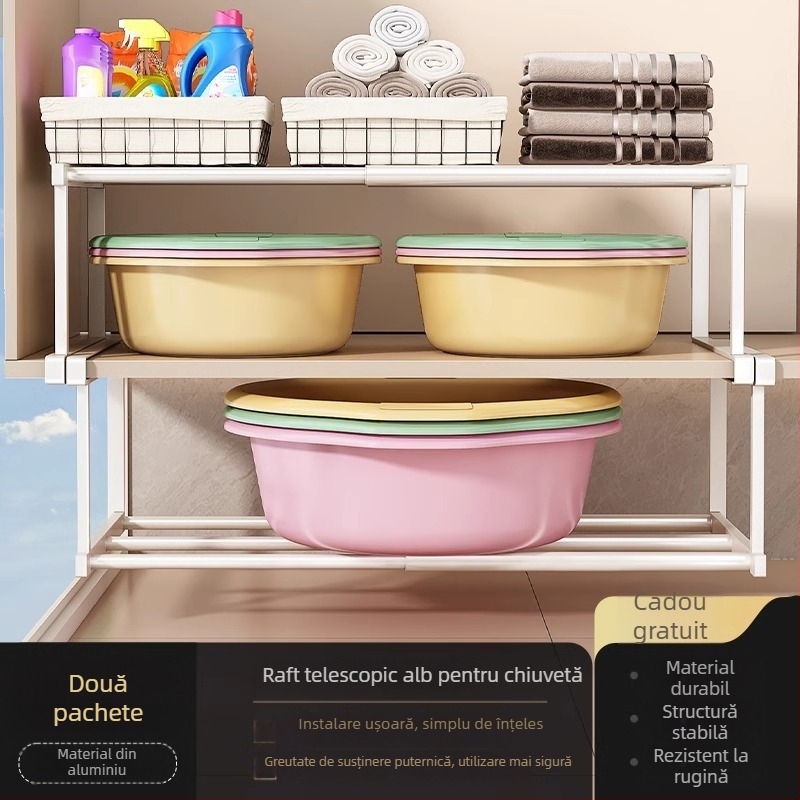 Raft de depozitare sub chiuvetă pentru baie, organizator stratificat, montaj fără găuri, Space aluminiu, stil modern