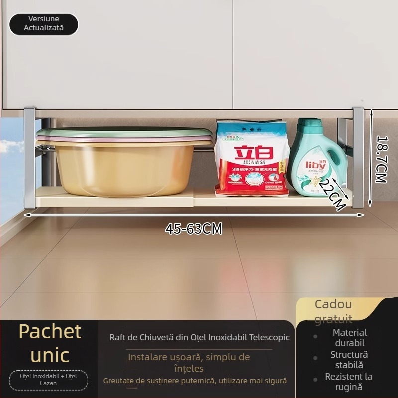 Raft de depozitare sub chiuvetă pentru baie, organizator stratificat, montaj fără găuri, Space aluminiu, stil modern