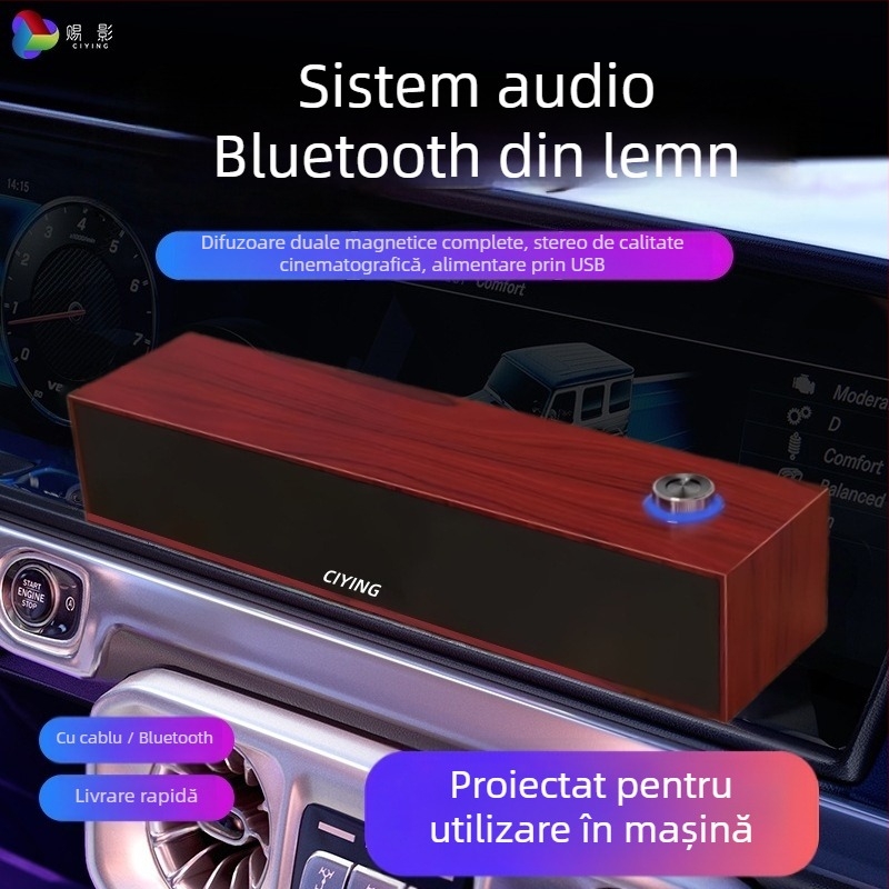 Boxă Bluetooth cu textură lemnoasă pentru calculator - conectare cablu + Bluetooth, interfață USB, 2 canale, 6W putere, carcasă din lemn
