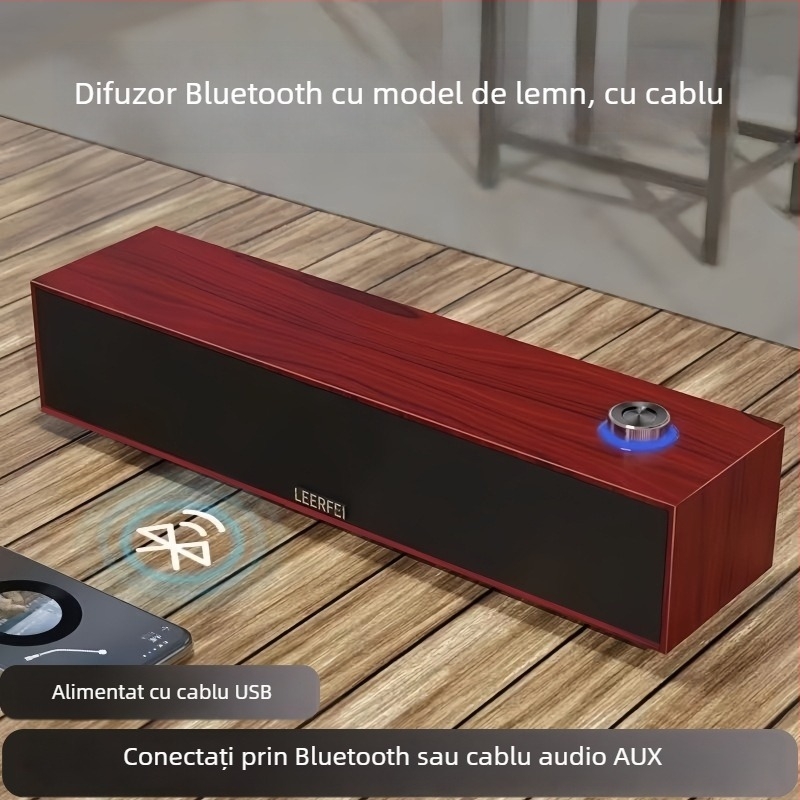 Boxă Bluetooth cu textură lemnoasă pentru calculator - conectare cablu + Bluetooth, interfață USB, 2 canale, 6W putere, carcasă din lemn
