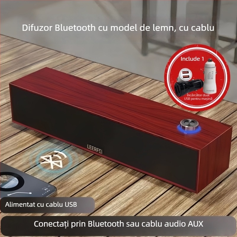 Boxă Bluetooth cu textură lemnoasă pentru calculator - conectare cablu + Bluetooth, interfață USB, 2 canale, 6W putere, carcasă din lemn