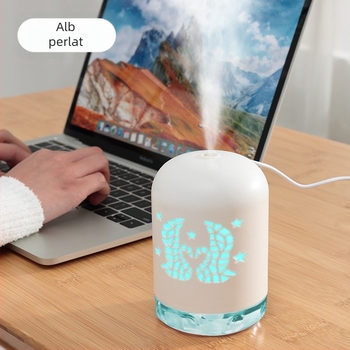 Umidificator Mini USB cu LED, design rotund, rezervor 0,5 L, 1 ieșire ceață, alimentare USB, temporizator 8+ ore, funcționare silențioasă