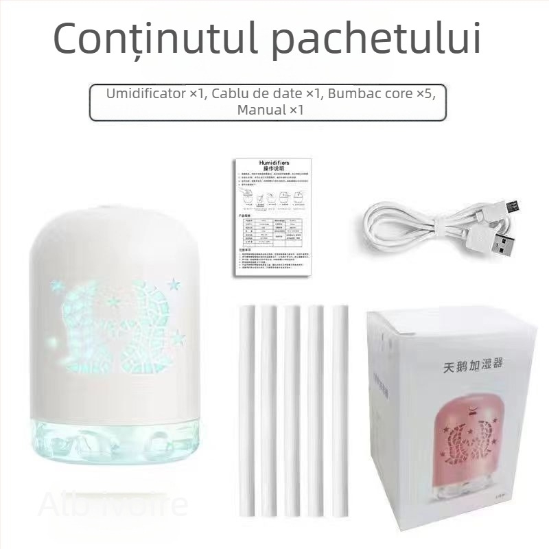 Umidificator Mini USB cu LED, design rotund, rezervor 0,5 L, 1 ieșire ceață, alimentare USB, temporizator 8+ ore, funcționare silențioasă